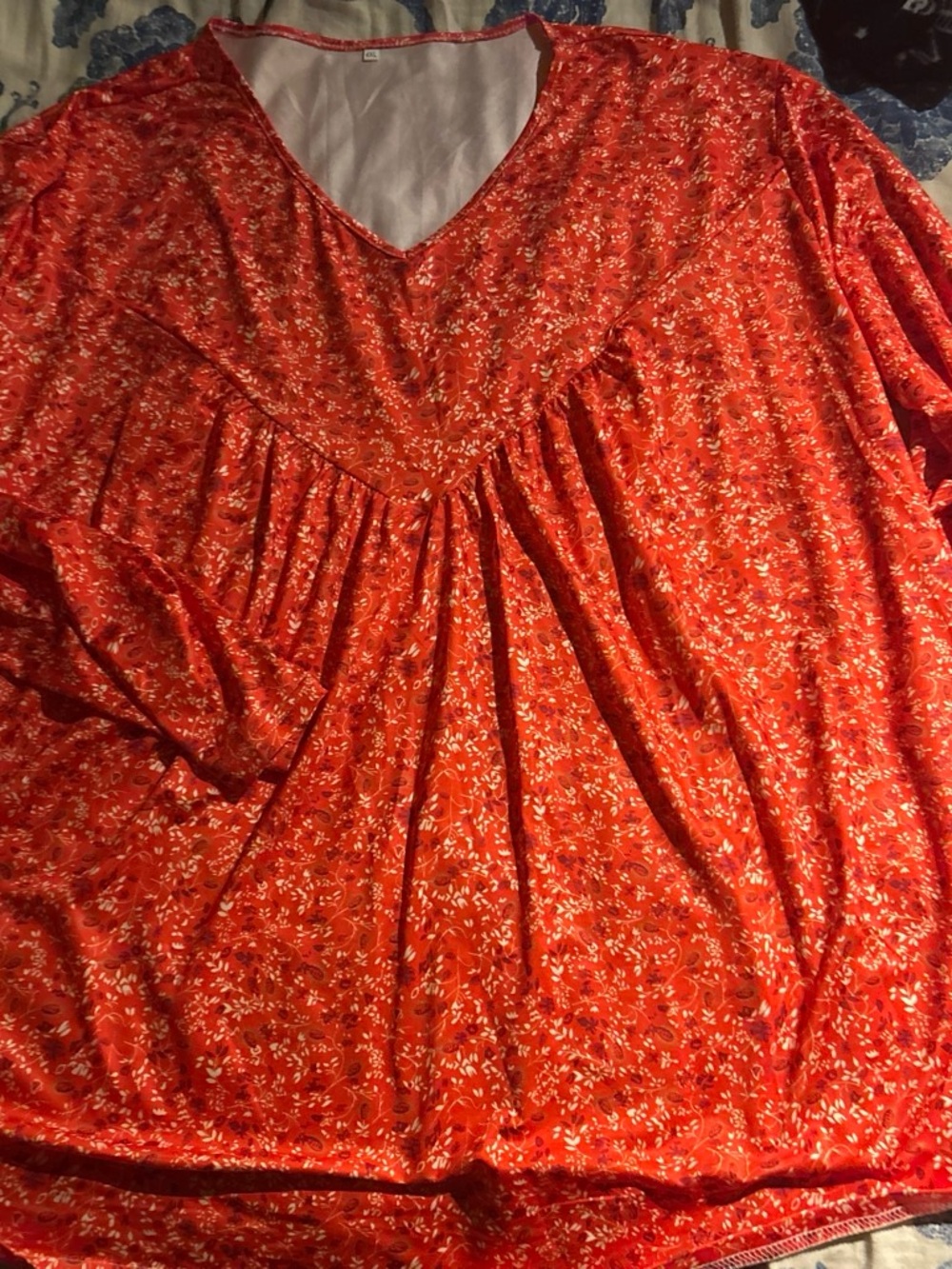 Source Unknown Orange Floral V-Neck Peasant Blouse